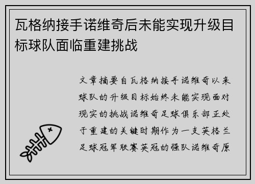 瓦格纳接手诺维奇后未能实现升级目标球队面临重建挑战